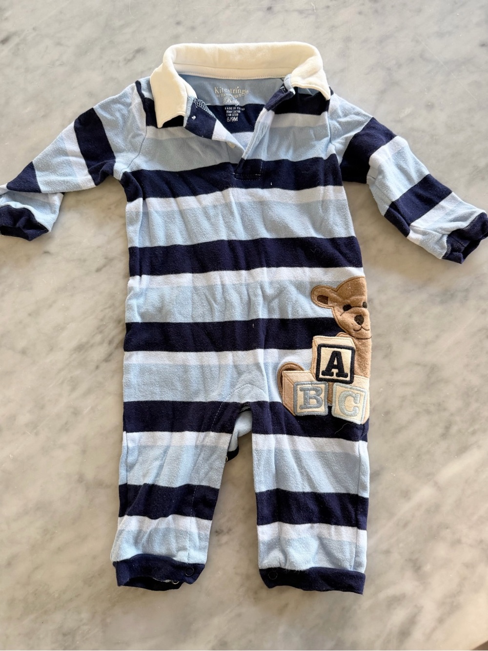 Hartstrings Light Blue & Navy Striped Bear ABC Footie